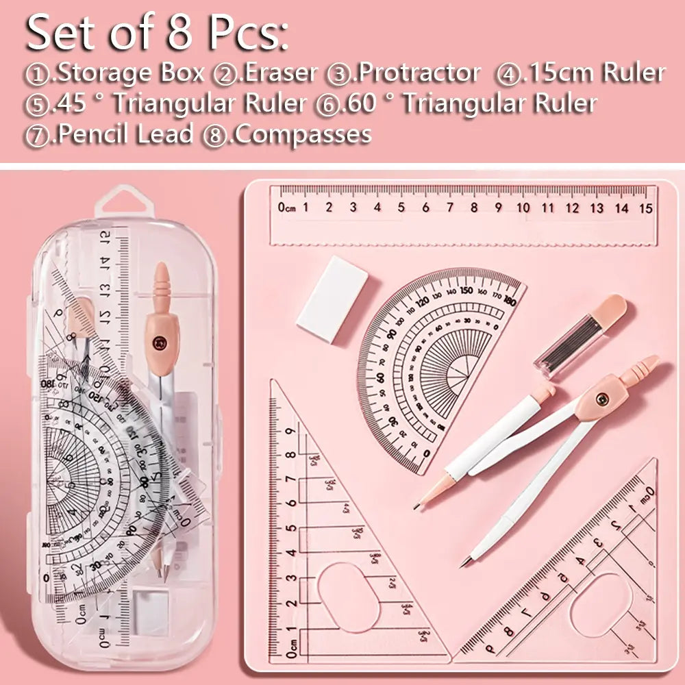 7pcs Compass Ruler Set for Elementary and Middle School Students, Exam Essential Tools, Includes Protractor Straightedge Triangle Board