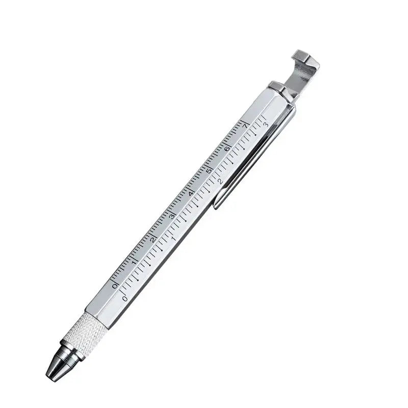 Silvery Portable and Compact 6-in-1 Multi-Tool Metal Ballpen Set - with Screwdriver, Ruler, Bottle Opener, Stylus, Phone Stand, 5 Refills, Smooth Handling - Office Stationery Accessory for Repairs, Assembly