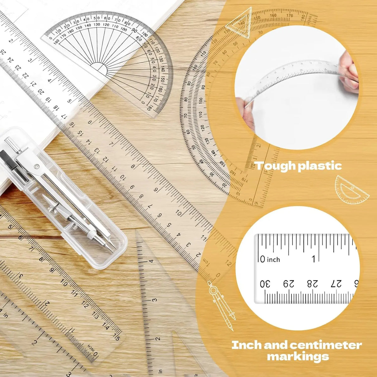 7 count Geometry Set-Clear Plastic Rulers,Triangle Ruler,Protractor,Compass | 12Inch & 6Inch Ruler Set for School Office Math Drawing Drafting Engineering Architecture Art