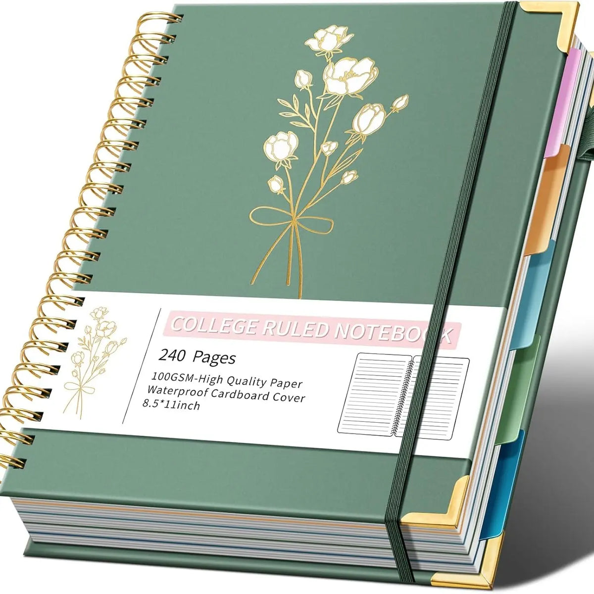 Hardcover Spiral Note Taking 5 Subject Notebook College Ruled with Dividers 240 Pages 100GSM Aesthetic Spiral Notebook for Work School Cute Journals for Women Writing