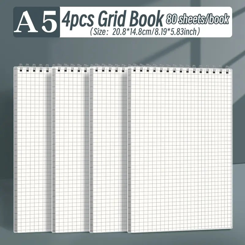 4pcs A5 Grid/horizontal Flip Up Spiral Notebooks, Daily Work And Study Supplies, Text Notebooks, Financial Accounting Books - Waterproof Cover, Suitable For Students And Office Workers To Use