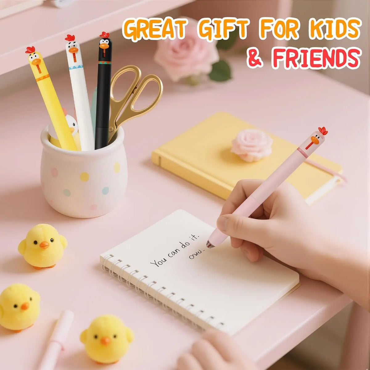 12 count Funny Chicken Retractable Gel Pens Cute Novelty Pens with Beak Click, 0.5mm Fine Point Black Ink, Cartoon Writing Pens for Students, Office, School, Gifts (Chicken, 12)