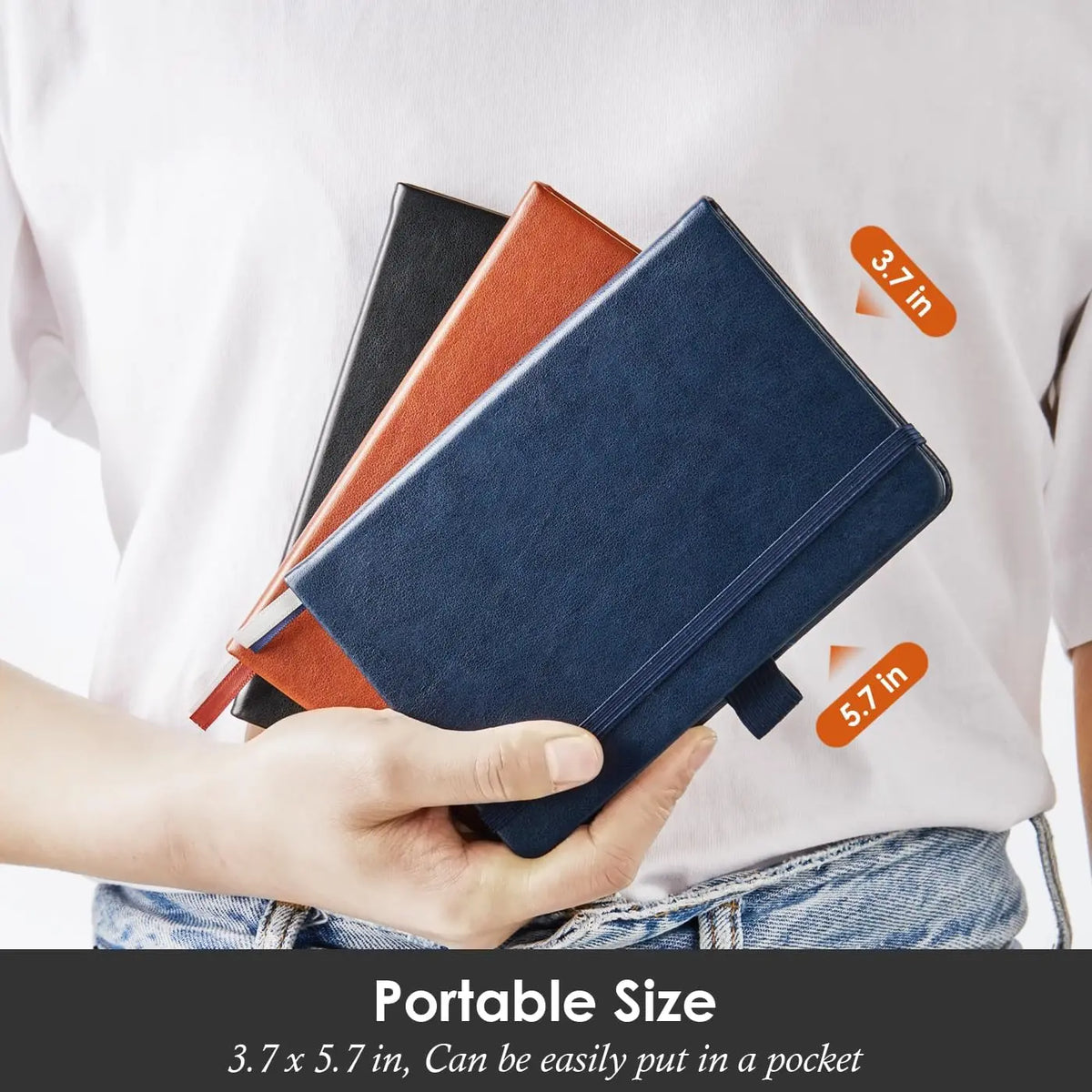 3 Pack Pocket Notebook Journals, Small Notepad Notebooks for Note Taking, A6 Mini Note pads with Pen Holder, 408 Lined Pages, 3.7" x 5.7", Black, Brown, Blue