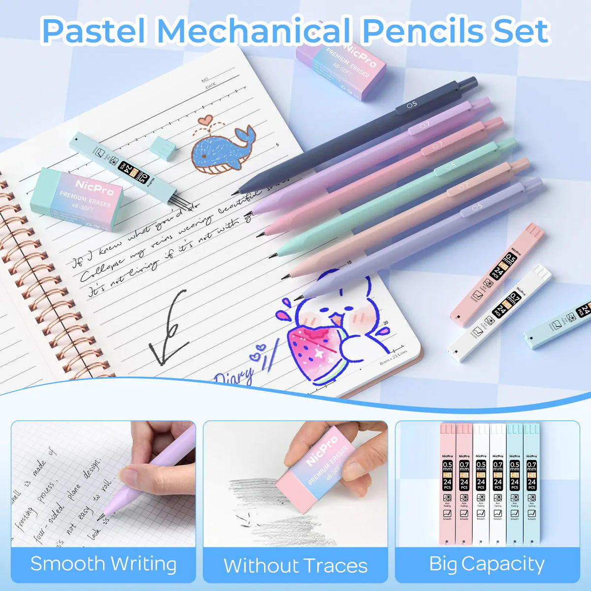 Nicpro 50PCS Cute A5 Spiral Bound Notepad Writing Stationery Set - 3PCS A5 Spiral Notebooks, Gel Pens, Mechanical Pencils, Sticky Notes, Sticky Tabs, Gift Box for Teen Girls, Back to School Note Taking Organizer, School Supplies Haul