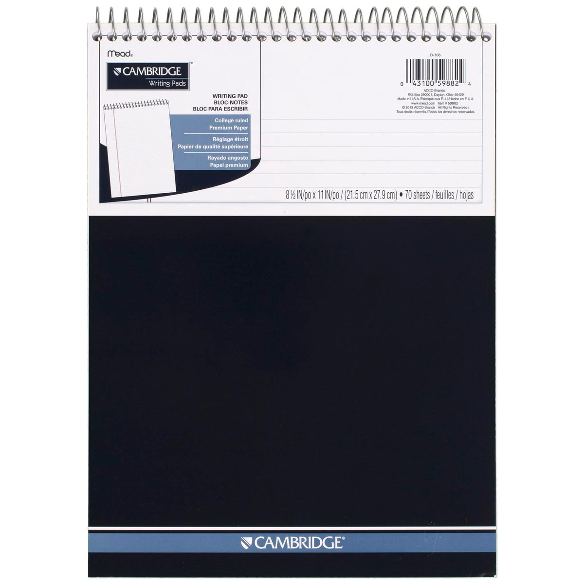 Cambridge Spiral Notebook, College Ruled Paper, 8-1/2" x 11", 70 Sheets, Top Bound, Navy (59882)