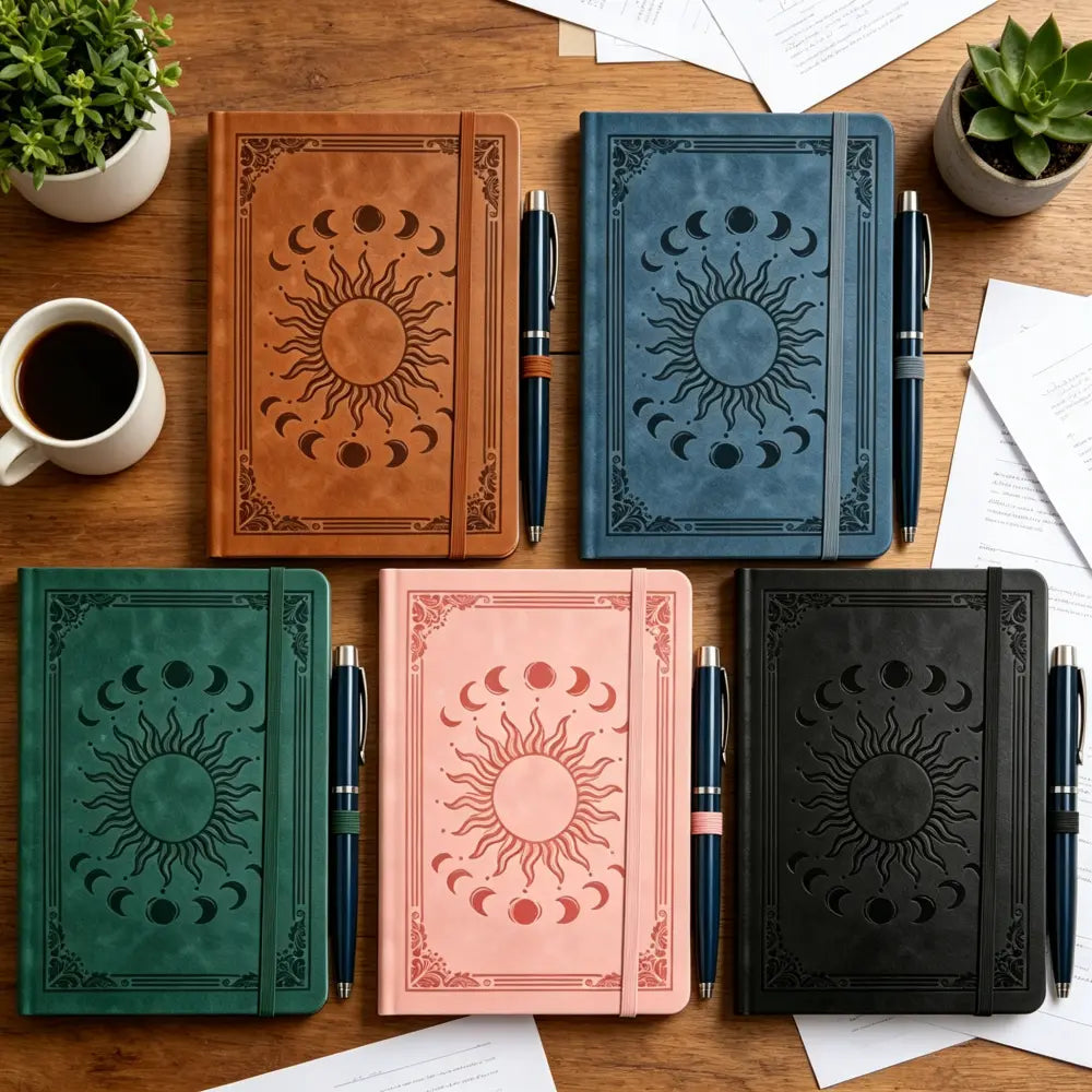 5pcs Horizontal Notebook With 5 Pens - Academic Notebook, Retro Embossed PU Leather Hard Shell Ledger, 160 Page Aesthetic Diary, A5 Hard Shell Administrative Notebook, Stationery Notebook, Memo Pad, Suitable For Students And Office Workers