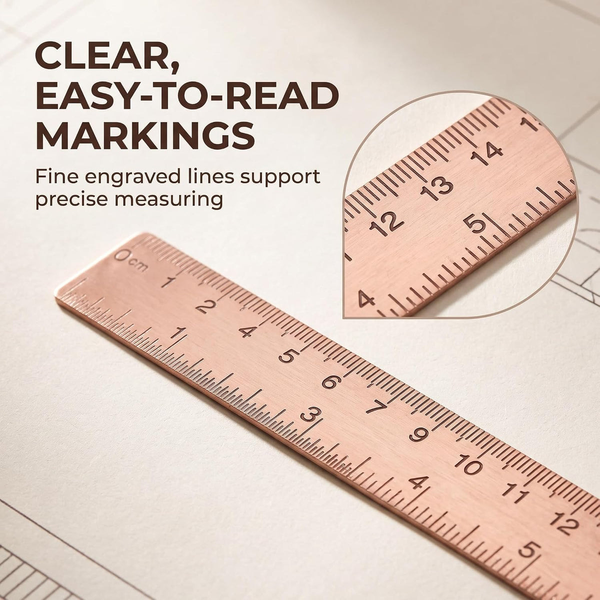 Rose Gold Ruler, Metal Drawing Ruler, Brass Straight, Unisex Learning Measuring Bookmark Stationery for School Office Math Geometry Gift Drafting Tools and Kits