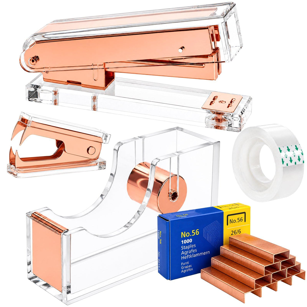 Hiceeden Acrylic Gold Stapler and Tape Dispenser Set, Desk Accessories Office Supplies Includes Tape, Staple Remover and 1000pcs 24/6 Staples, Modern Cute Stapler Set for Desk