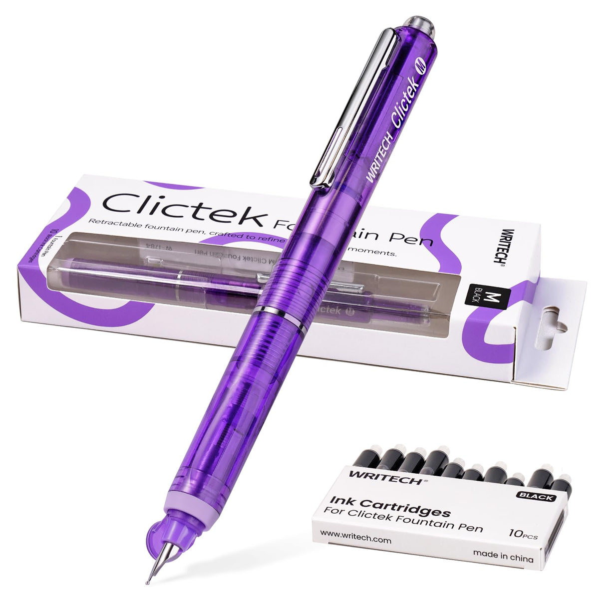WRITECH Clictek Fountain Pen Set: Retractable Style Blue Ink Medium Nib Transparent Barrel, Includes 5 Ink Cartridges for Gift Set, Smooth Writing No Leaking