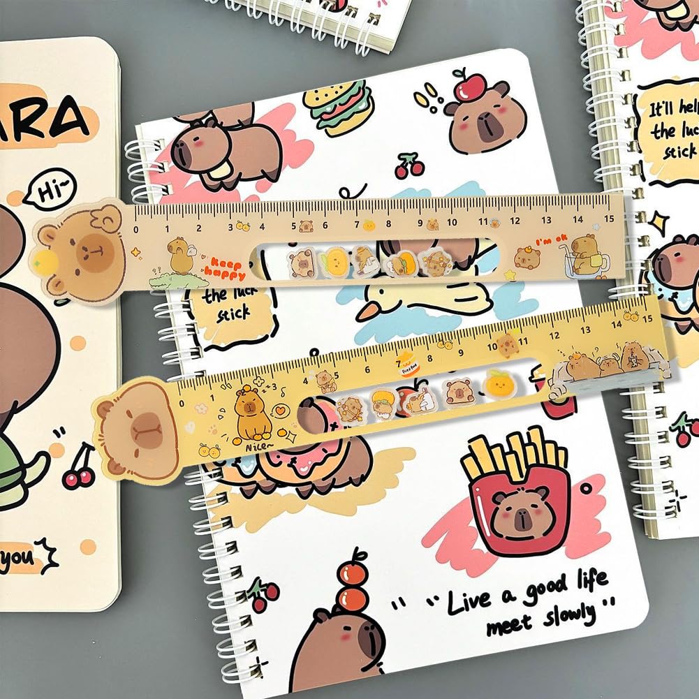15CM Cute Capy Straighter Ruler, 2Pcs Plastic Clear Capy Bara Straighter Ruler, Plastic Measuring Tool Kawaii Kapibala Portable Stationery School Supplies Stationery Transparent