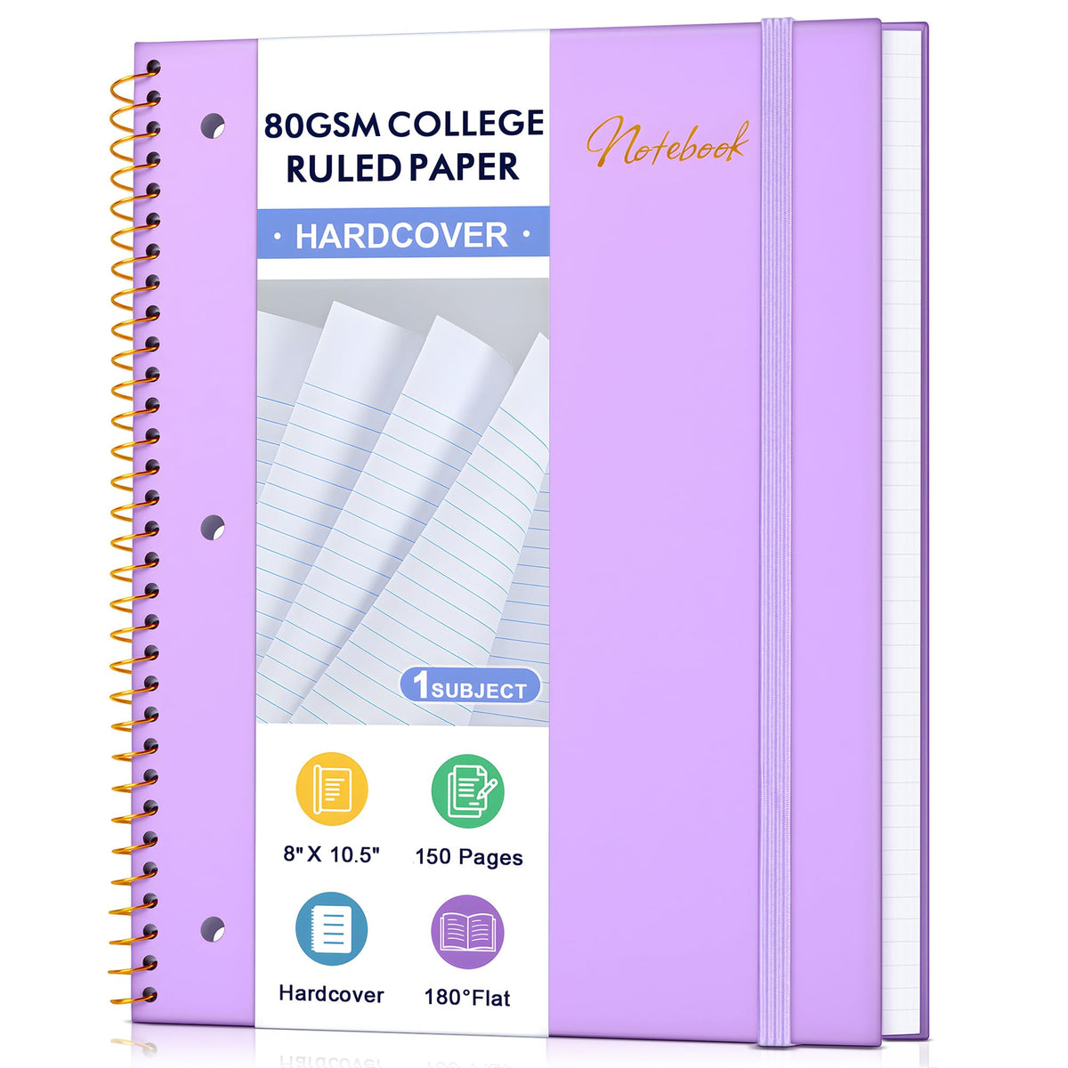 Spiral Notebook College Ruled Paper 8" x 10-1/2", 1 Subject Spiral Notebook 80GSM Paper, 3-Hole Punched Perforated Pages Ideal for School, Office, Writing, 75 Sheets Lined Journaling Notebook, Purple