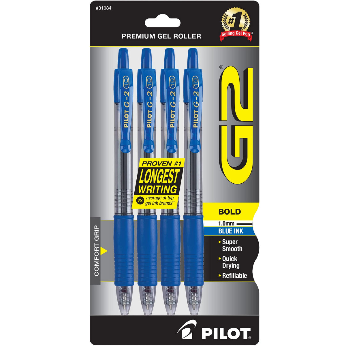 PILOT G2 Premium Gel Pens, Bold Point 1.0mm, Black Ink, 4-Pack