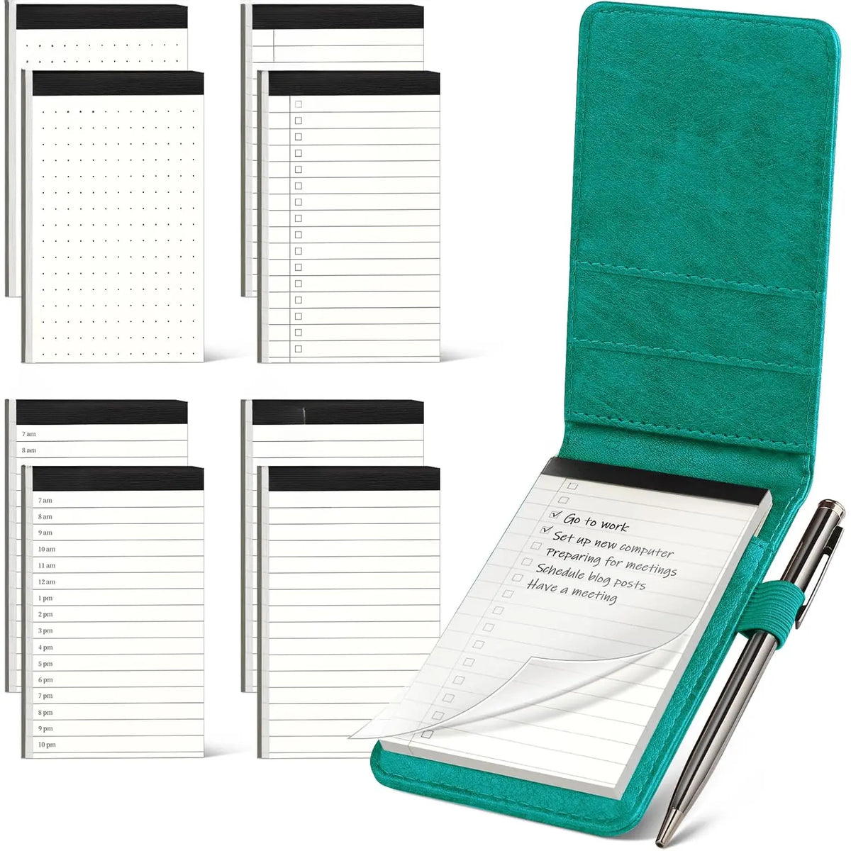 10 count Notepad Holder Set Pocket Notebook - Included Mini Pocket Notepad Holder Set with 8 Memo Book Refills and Metal Pen for Meetings, Daily Records, and Notes 3 x 5 Inch (Brown)