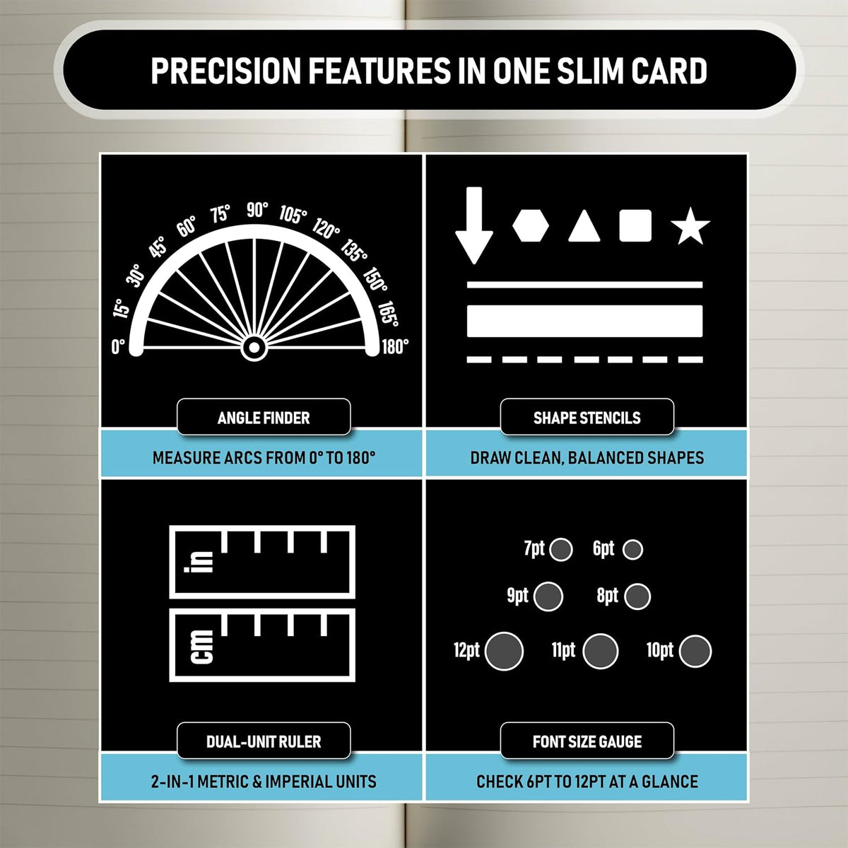 Pocket Journal Stencil - Stainless Steel Metal Bookmark with Circle Template, Ruler Conversion, Protractor & Golden Ratio - Planner Accessories for Journaling, Bible Study, Sketching & Notes
