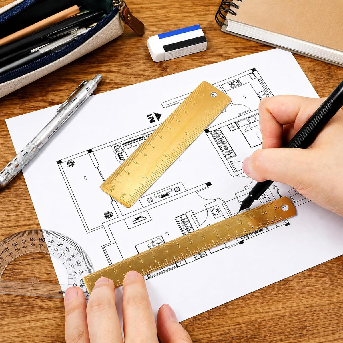 2 Pack 5 & 6 Inch Dual Scale Brass Ruler Set with Hanging Hole