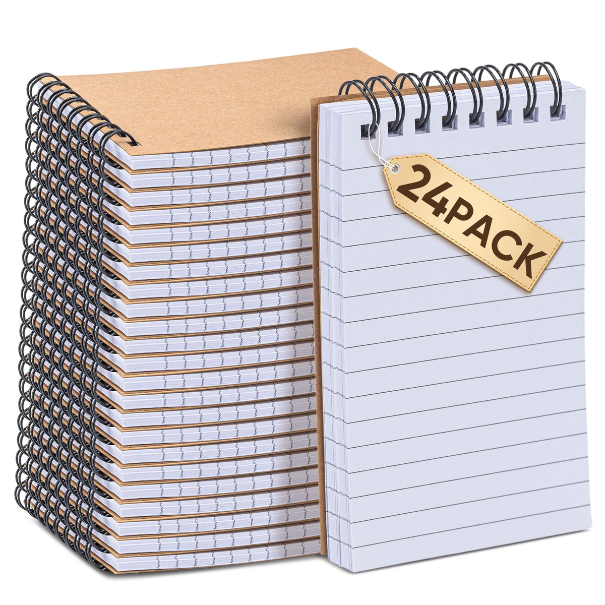 deli Kraft Pocket Notebooks Set of 24, 3x5 Small Spiral Notebooks 80gsm Thick Paper No Bleed, 360° Lies Flat Mini Notepads, 100 Pages Lined Journal for Work School Home Office - Vintage Brown