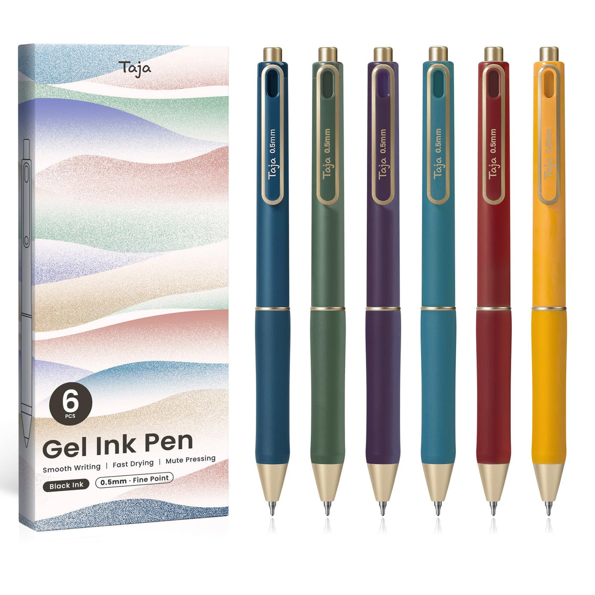 Taja Gel Pens, 6 Pcs Quick Dry Black Ink Pens, 0.5mm Fine Point, Pastel