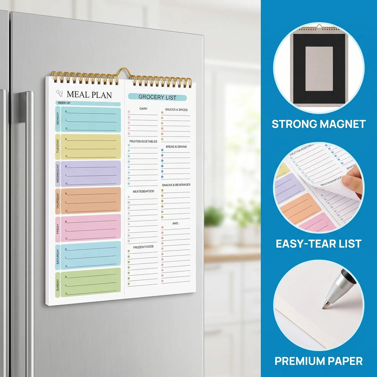 Magnetic Meal Planner Notebook - Wall-Mountable, 52 Sheets, 52 Writing Pages, Double Spiral Binding, Monthly Weekly Planner, Grocery List Notepad, Household Food Arrangement Organizer, MM1 Model (Office Stationery),sohochic