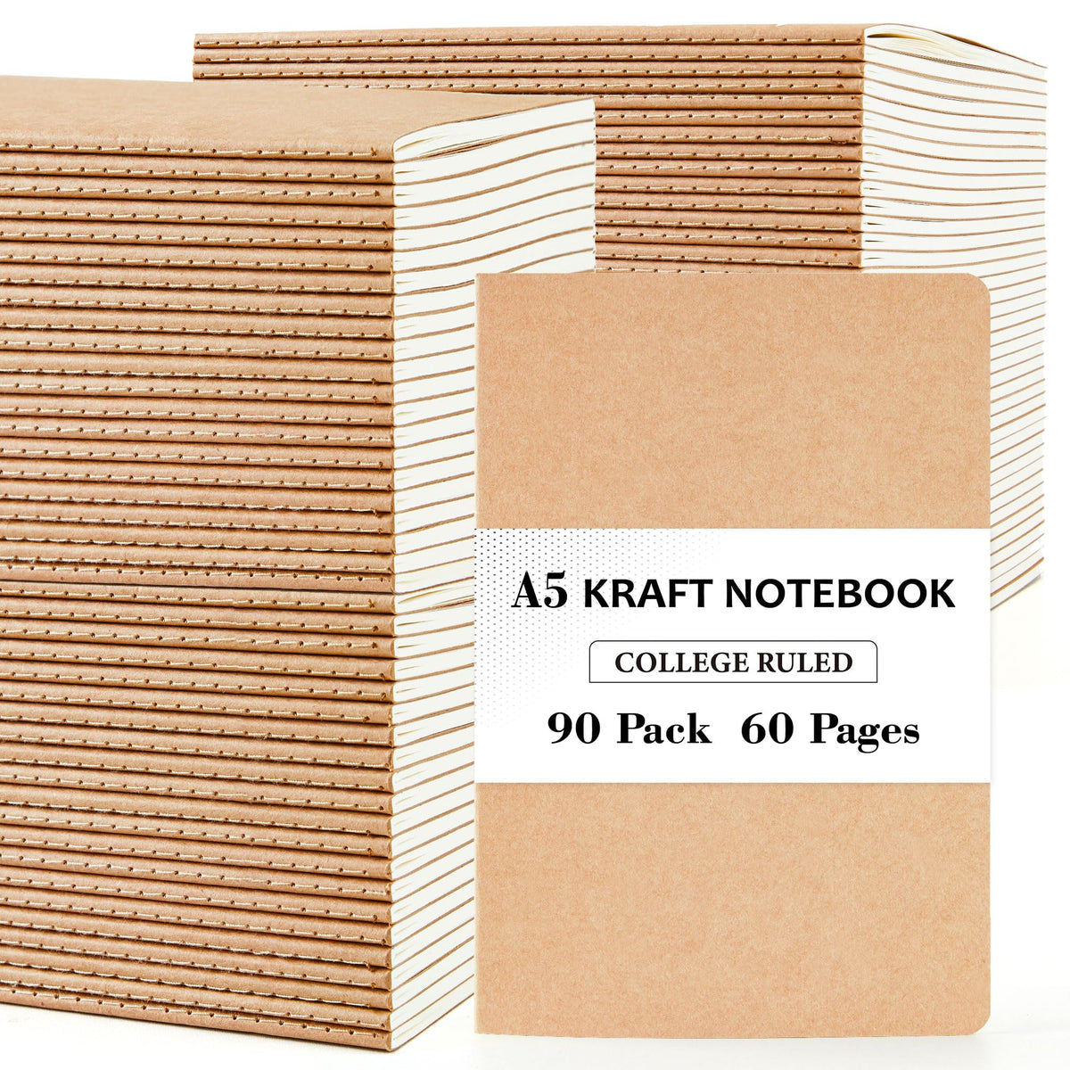 feela 60 Pack Kraft Notebooks Bulk, Lined Travel Journals Note Pad Notebooks for Men Women Girls Students, Making Plans Writing Memos Office School Supplies, A5, 60 Pages, 8.3” X 5.5”