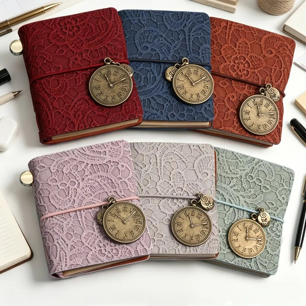 Retro Embossed Leather Journal – Mini Notebook with Metal Clock Charm and Strap Closure