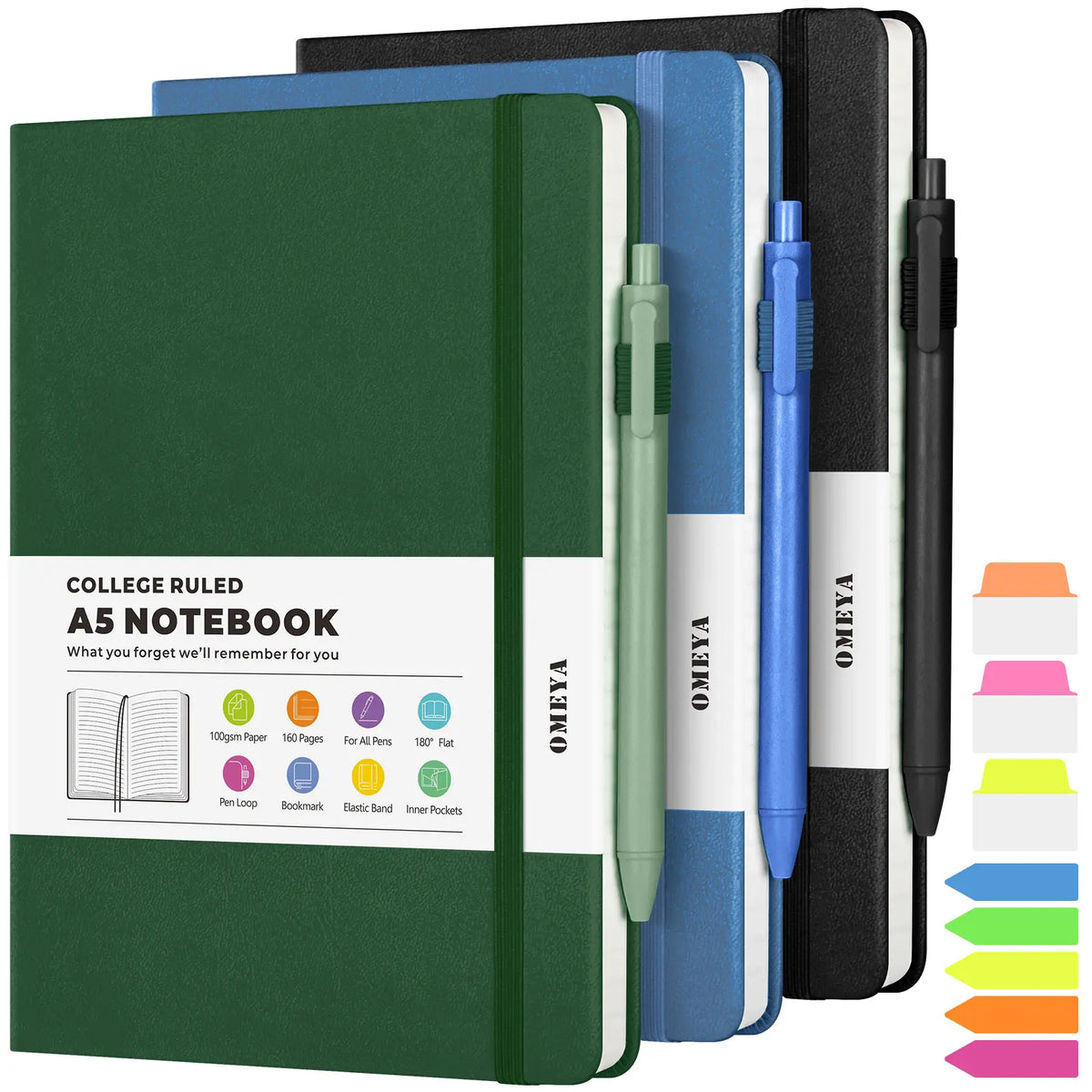 OMEYA 3-Pack A5 College Ruled Hardcover PU Leather Journal Notebook, Minimalist Design with Elastic Band, Pen Loop, Inner Pockets, 100GSM Thick No-Bleed Paper for Office School Use