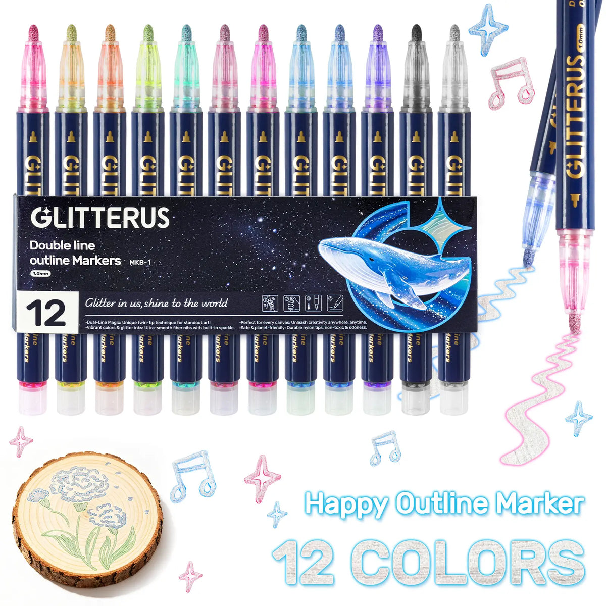 Glitterus Glitter Outline Shimmer Markers & Metallic Gel Pens - Fine Rollerball Tip, Cute Floral Patterns, Shimmering Bright Bold Office Art Supplies, Easy to Use, Back to School Shopping, TikTok Shop Back to School, Teenage Girls Sohochic Gifts