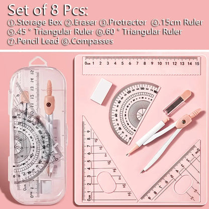 7pcs Compass Ruler Set for Elementary and Middle School Students, Exam Essential Tools, Includes Protractor Straightedge Triangle Board