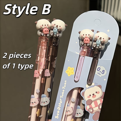 2-Pack Cute Sea Otter Snap Gel Pens, Styles A&B, Healing Ocean Theme, 0.5mm Black Smooth Ink, Three-Dimensional Sea Otter Pen Tip, Double Cute Sea Otter Design, Student Classroom Note-Taking and Homework Writing Stationery