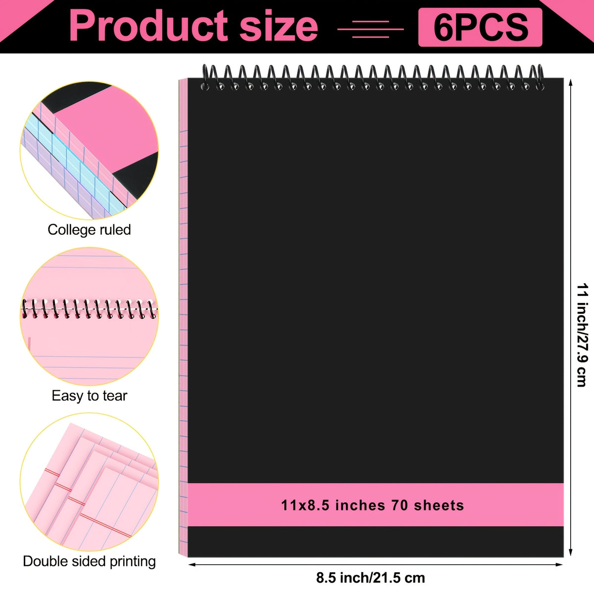 6pcs Legal Pad Top Spiral Bound Notebook 11 X 8.5 Inches Wirebound Notepad Double Sided Ruled Memo Office Steno Book with Stiff Back Durable Cover for Business, 70 Sheets