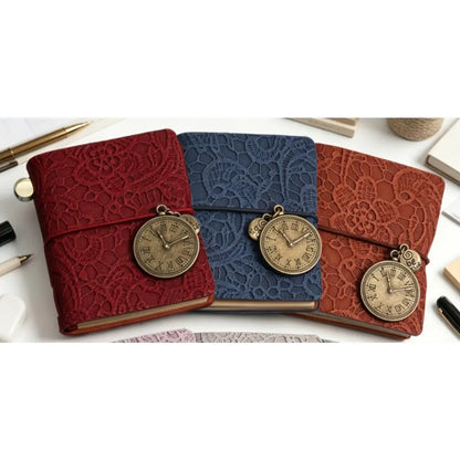Retro Embossed Leather Journal – Mini Notebook with Metal Clock Charm and Strap Closure