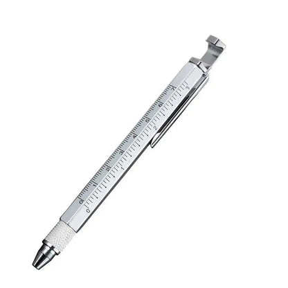 Silvery Portable and Compact 6-in-1 Multi-Tool Metal Ballpen Set - with Screwdriver, Ruler, Bottle Opener, Stylus, Phone Stand, 5 Refills, Smooth Handling - Office Stationery Accessory for Repairs, Assembly
