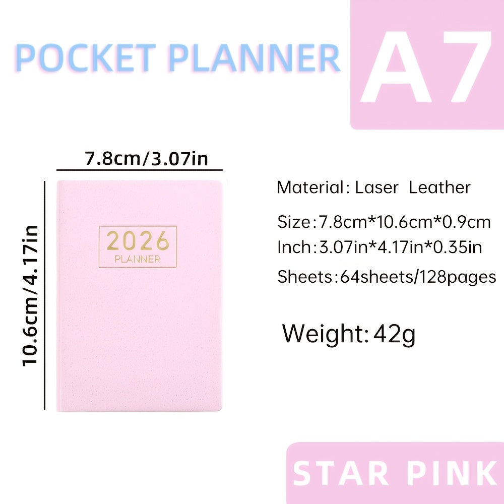 A7 Specification 2026 English Planner, Slim Weekly Planner, Starlight Color Mini Pocket Notebook, Daily Planner with Colorful Laser Cover, A7 Size: 3.07in X 4.17in