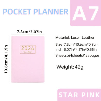 A7 Specification 2026 English Planner, Slim Weekly Planner, Starlight Color Mini Pocket Notebook, Daily Planner with Colorful Laser Cover, A7 Size: 3.07in X 4.17in