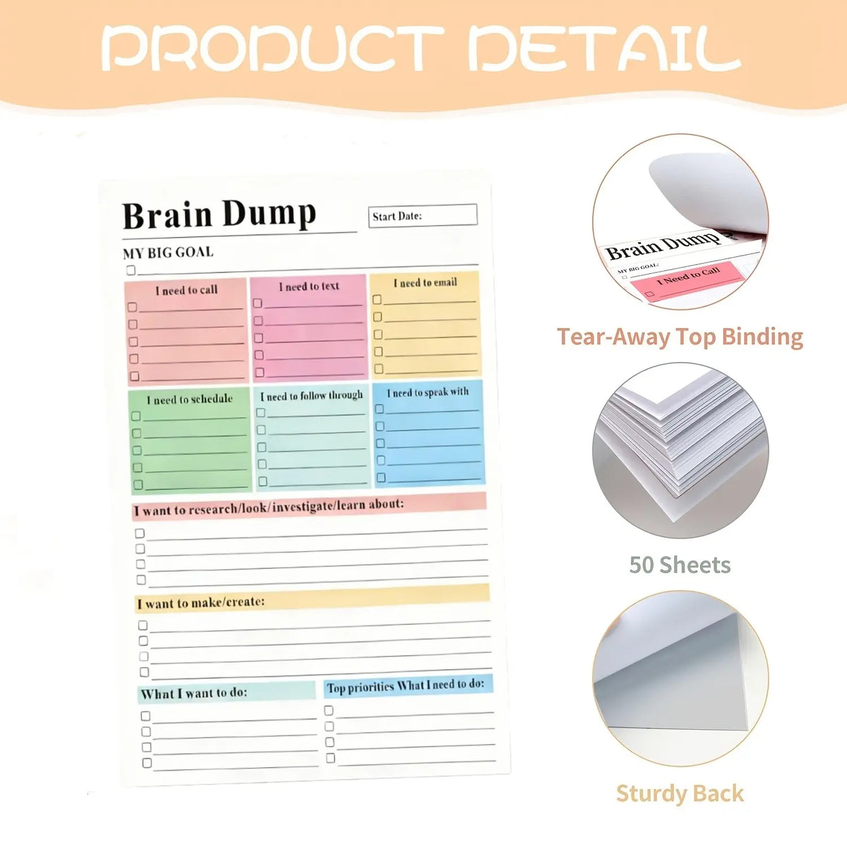 ADHD Multi-Section Daily Brain Dump Productivity Planner Notepad - 50 Pages Tear-Off Sheets (8.5x5.8in), Office Planner,Task Organizer, To-Do List, Priorities Tracker,Schedule Pad, Focus Tool, Halloween Gifts,sohochic