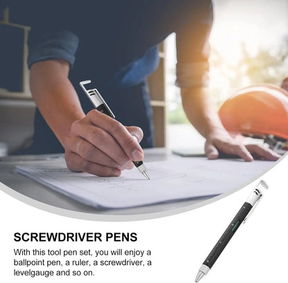 Silvery Portable and Compact 6-in-1 Multi-Tool Metal Ballpen Set - with Screwdriver, Ruler, Bottle Opener, Stylus, Phone Stand, 5 Refills, Smooth Handling - Office Stationery Accessory for Repairs, Assembly