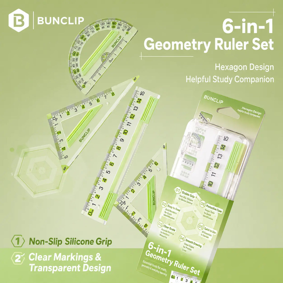 EpenGo Honeycomb Anti-Slip Geometry Ruler Set – 4-Piece Student Math Measuring Kit with Eye-Friendly Green Markings, Includes 15cm Straight Ruler, Protractor & Triangle Rulers