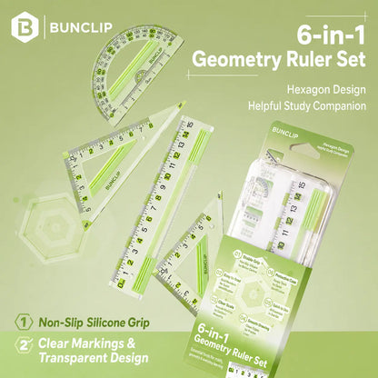 EpenGo Honeycomb Anti-Slip Geometry Ruler Set – 4-Piece Student Math Measuring Kit with Eye-Friendly Green Markings, Includes 15cm Straight Ruler, Protractor & Triangle Rulers