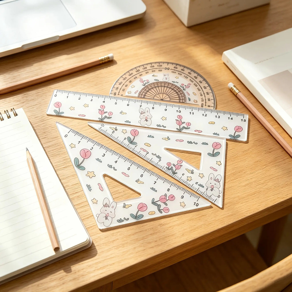 4/8pcs Cute Rabbit Tulip Pattern Ruler Set, 1 Set Ruler, Testing Drawing 4pcs Set Ruler, Ruler And Triangle, Cute Rabbit Tulip Ruler Stationery