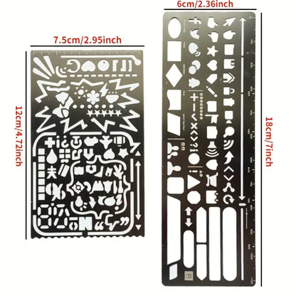 2 Piece Set Creative Multifunctional Artist Drawing Doodle Bookmark, Stainless Steel Planning Ruler & Graphics Lace Tool for Crafting, Scrapbooking, Office Supplies