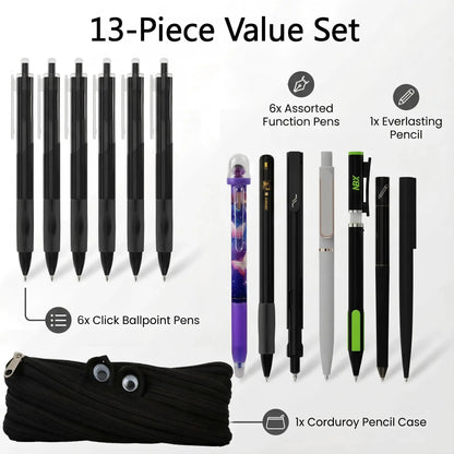 Rarler 13PCS Smart Pen Set with Monster Pencil Case - 8 Unique Styles (Twist, Everlasting, Grip, Click, Retractable, Agile, Erasable Gel, 6x0.5mm Ballpoint) - Back to School Supplies for Students,sohochic