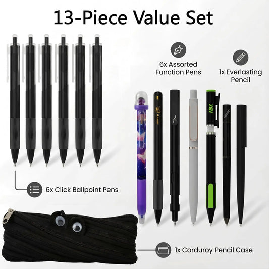 Rarler 13PCS Smart Pen Set with Monster Pencil Case - 8 Unique Styles (Twist, Everlasting, Grip, Click, Retractable, Agile, Erasable Gel, 6x0.5mm Ballpoint) - Back to School Supplies for Students,sohochic