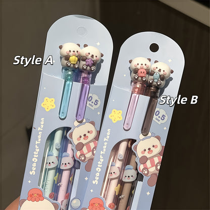 2-Pack Cute Sea Otter Snap Gel Pens, Styles A&B, Healing Ocean Theme, 0.5mm Black Smooth Ink, Three-Dimensional Sea Otter Pen Tip, Double Cute Sea Otter Design, Student Classroom Note-Taking and Homework Writing Stationery