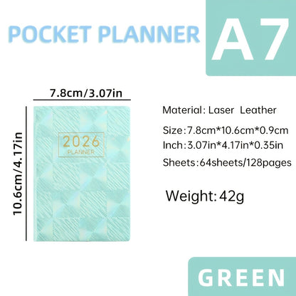 A7 Specification 2026 English Planner, Slim Weekly Planner, Starlight Color Mini Pocket Notebook, Daily Planner with Colorful Laser Cover, A7 Size: 3.07in X 4.17in