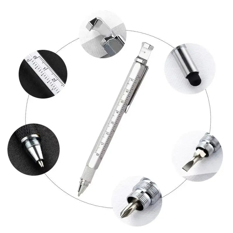 Silvery Portable and Compact 6-in-1 Multi-Tool Metal Ballpen Set - with Screwdriver, Ruler, Bottle Opener, Stylus, Phone Stand, 5 Refills, Smooth Handling - Office Stationery Accessory for Repairs, Assembly