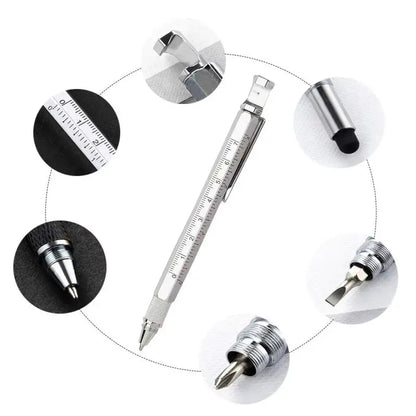 Silvery Portable and Compact 6-in-1 Multi-Tool Metal Ballpen Set - with Screwdriver, Ruler, Bottle Opener, Stylus, Phone Stand, 5 Refills, Smooth Handling - Office Stationery Accessory for Repairs, Assembly