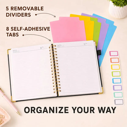 2026 Hardcover Spiral Notebook, 300 Pages, Leather, 5-Subject, 8x10 Inch, Removable Dividers, for Work, School, Travel, Study