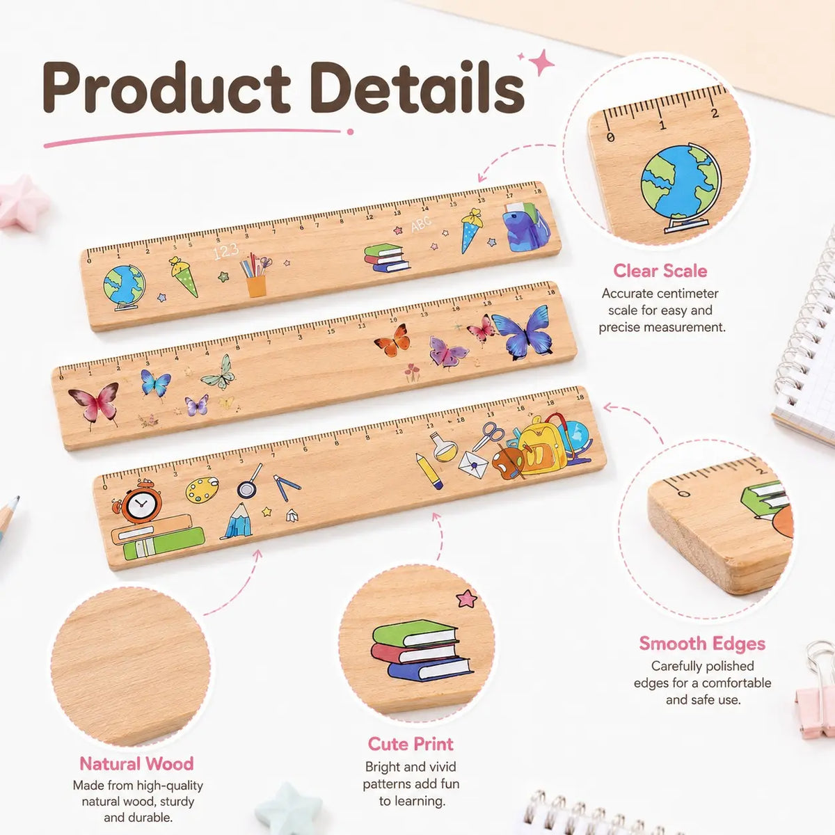 18cm Wooden Ruler with Colorful Printed Designs, Straight Measuring Tool, Measuring Instrument with Butterfly and School Supply Patterns, Portable Metric Ruler for Students, Classroom, Office, Drawing, Study, Back to School and Stationery Gifts