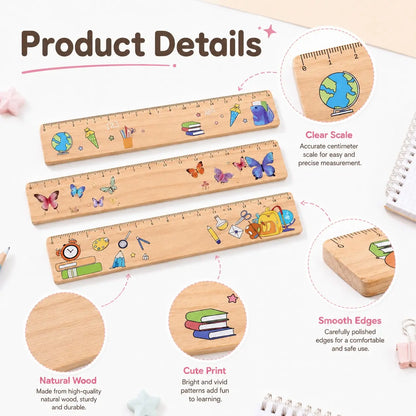 18cm Wooden Ruler with Colorful Printed Designs, Straight Measuring Tool, Measuring Instrument with Butterfly and School Supply Patterns, Portable Metric Ruler for Students, Classroom, Office, Drawing, Study, Back to School and Stationery Gifts
