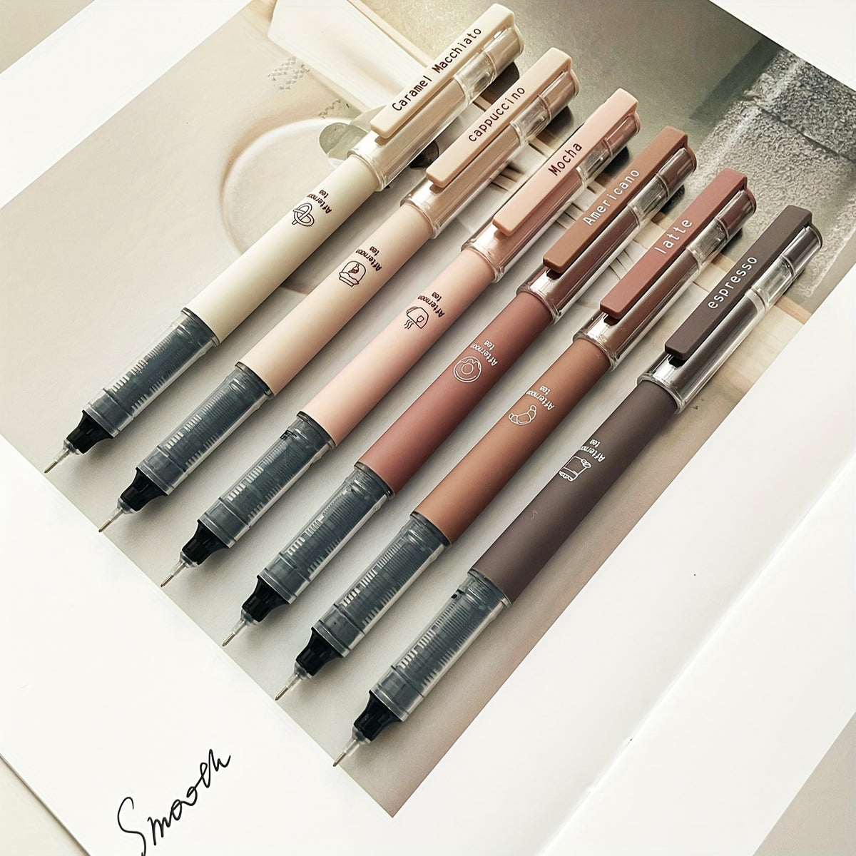 6pcs/8pcs Coffee Theme Liquid Quick-Drying Ink Gel Pens, No Smear Soft Touch Pens for Note Taking Drawing School& Office Supplies