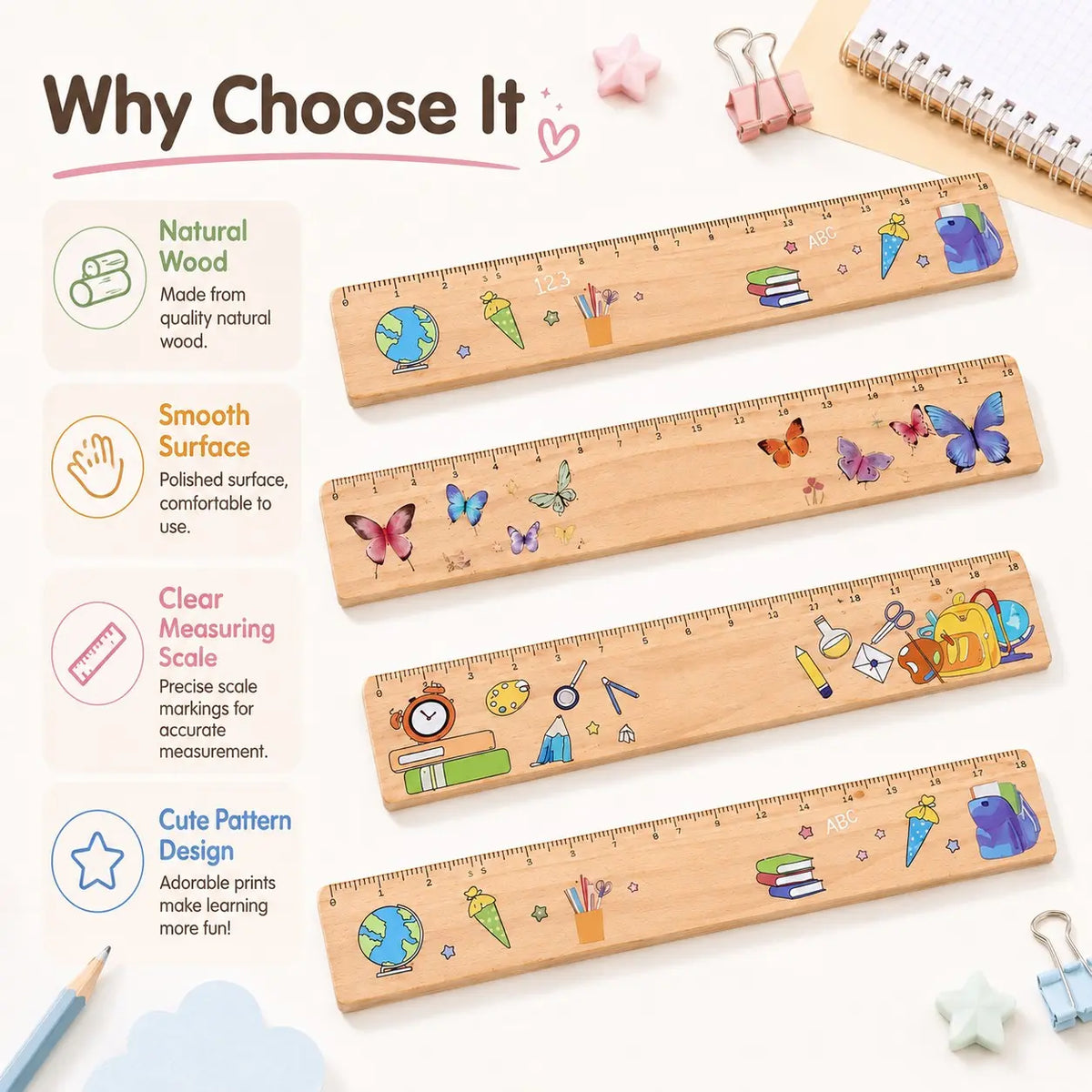 18cm Wooden Ruler with Colorful Printed Designs, Straight Measuring Tool, Measuring Instrument with Butterfly and School Supply Patterns, Portable Metric Ruler for Students, Classroom, Office, Drawing, Study, Back to School and Stationery Gifts